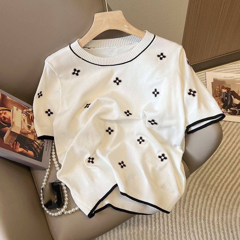 Women's Clothing Summer New Fashion Simple Jacquard Short Sleeved Knitted Top Loose Round Neck Thin Ice Silk Shirt