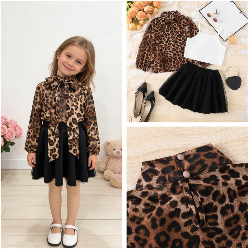 Kids' Fashionable Temperament Clothing Set Leopard Print Jacket & White Suspender Black Princess Dress For Girls Ages 3-7
