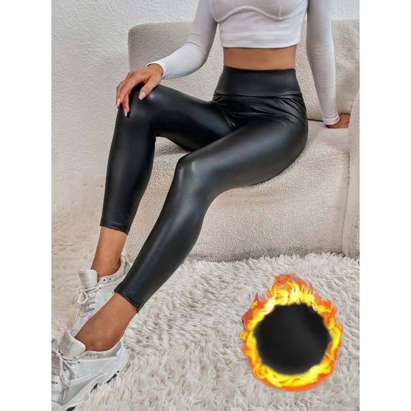 Women's autumn/winter leggings High waisted and fleece thickened pu leggings