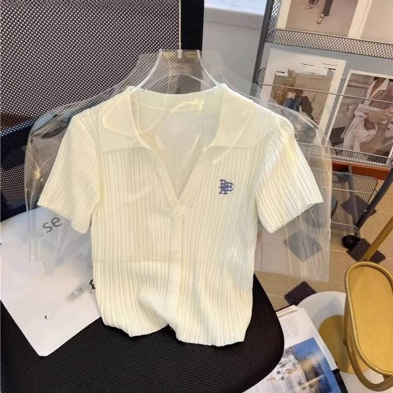 Women's Clothing Letter Lapel Knitted Sweater For Women Design Sense Slim Short Style Small Shirt Pure Desire Style Slim Top