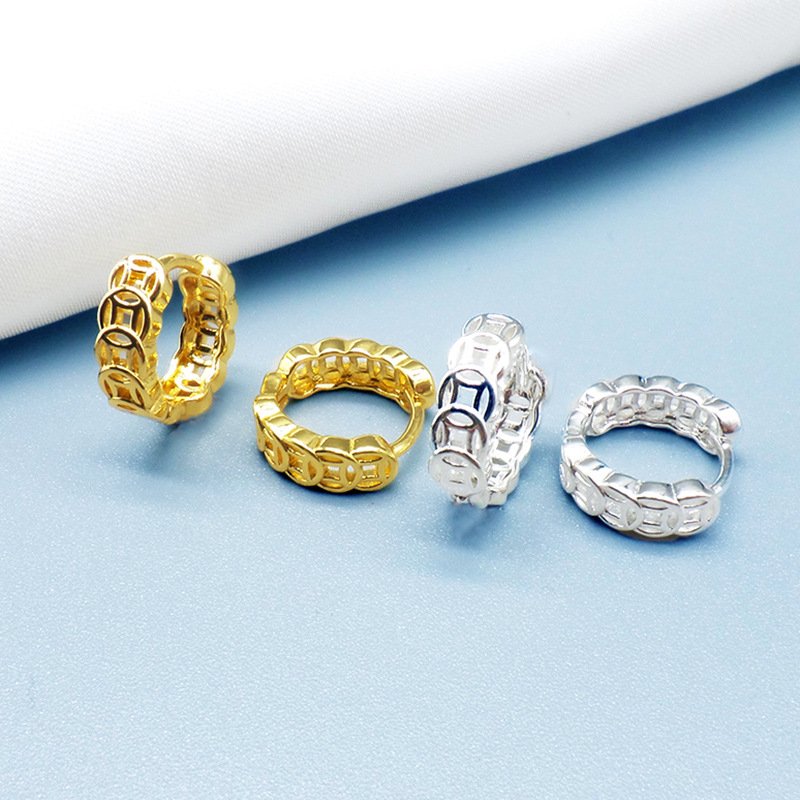 Cross-Border Lucky Copper Coin Brass For Women Gold-Plated Silver Vintage Simple Elegant Wholesale Hoop Earrings