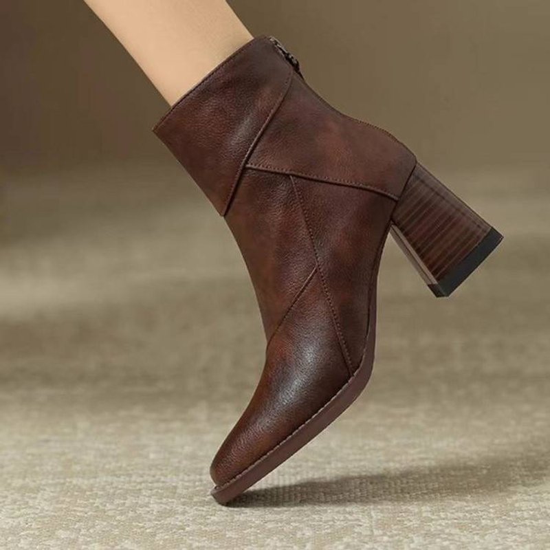 Retro Brown Soft Leather Chunky Ankle Boots For Women, 2025-1 New High-heeled Martin Boots, British-style Small Square Toe Slim Boots