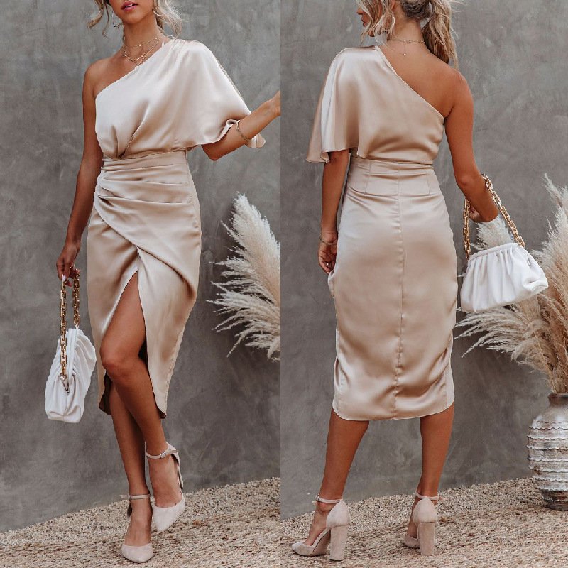 Women's sexy unilateral sleeve irregular skirt dress evening dress