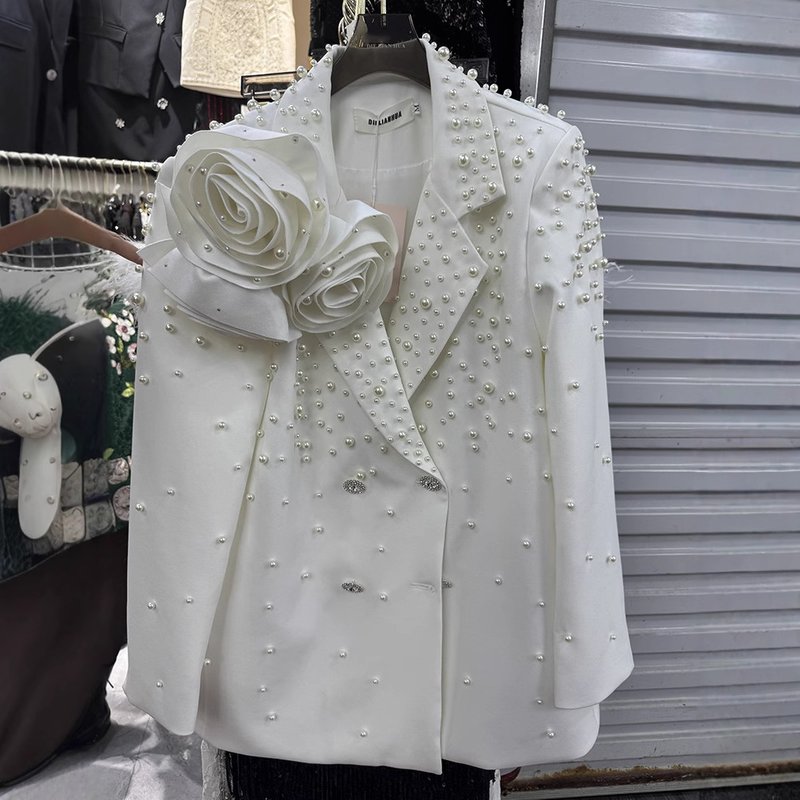 Luxury 3D Floral Beaded Suit Jacket For Women – Double-Breasted Long Sleeve Blazer, Elegant Spring & Autumn Formal Wear
