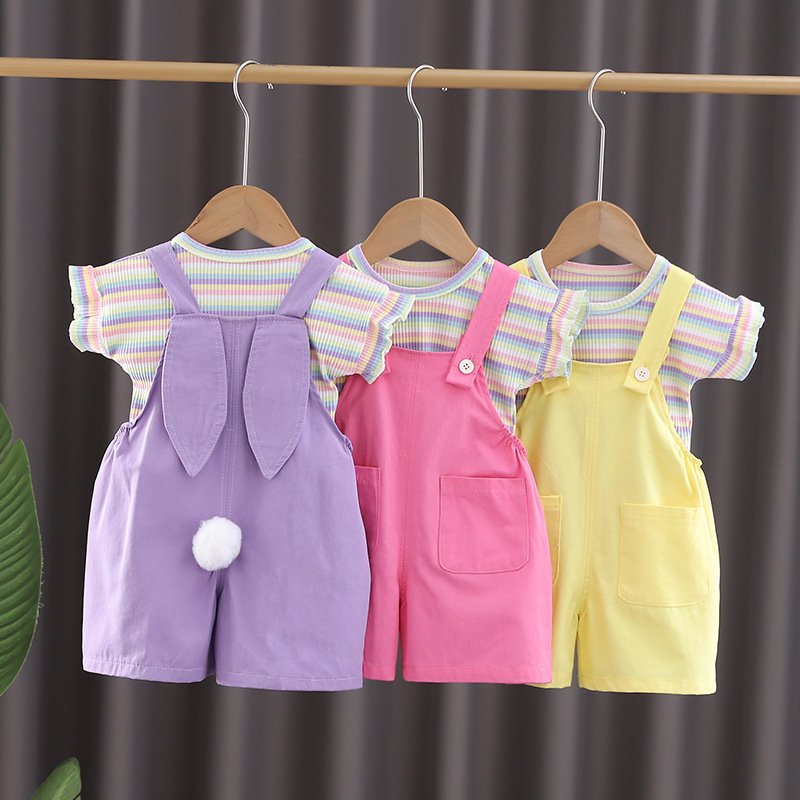 2024 Wear Striped Wool Ball Backband Short Sleeve 0-4 Year Old Girls Two Piece Summer Children's Set