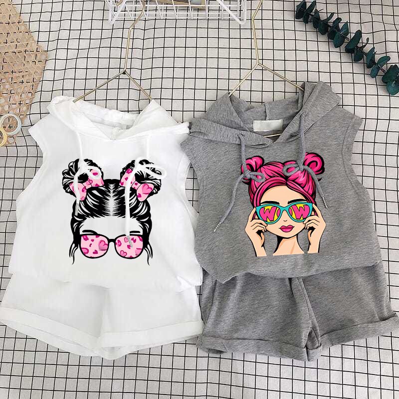 Mother & Kids Foreign trade cross-border children's clothing 2024 new girls shorts suit hooded two-piece Korean style fashion cartoon vest trend
