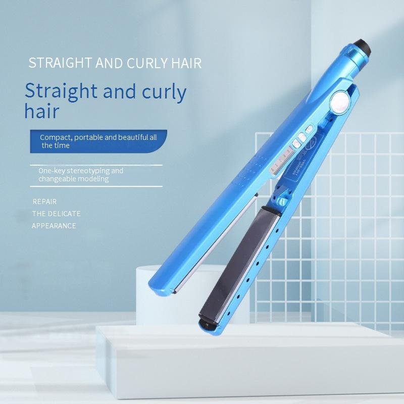 2-In-1 Hair Straightener & Curling Iron - Fast Heating Styling Tool With Blue Ceramic Plates (Portable Dual Voltage Travel-Friendly)