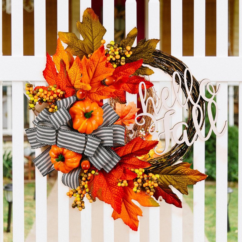 Cross-border Autumn Bow Artificial Garland Harvest Festival Pumpkin Berry Rattan Circle Thanksgiving Decorative Wall Hanging