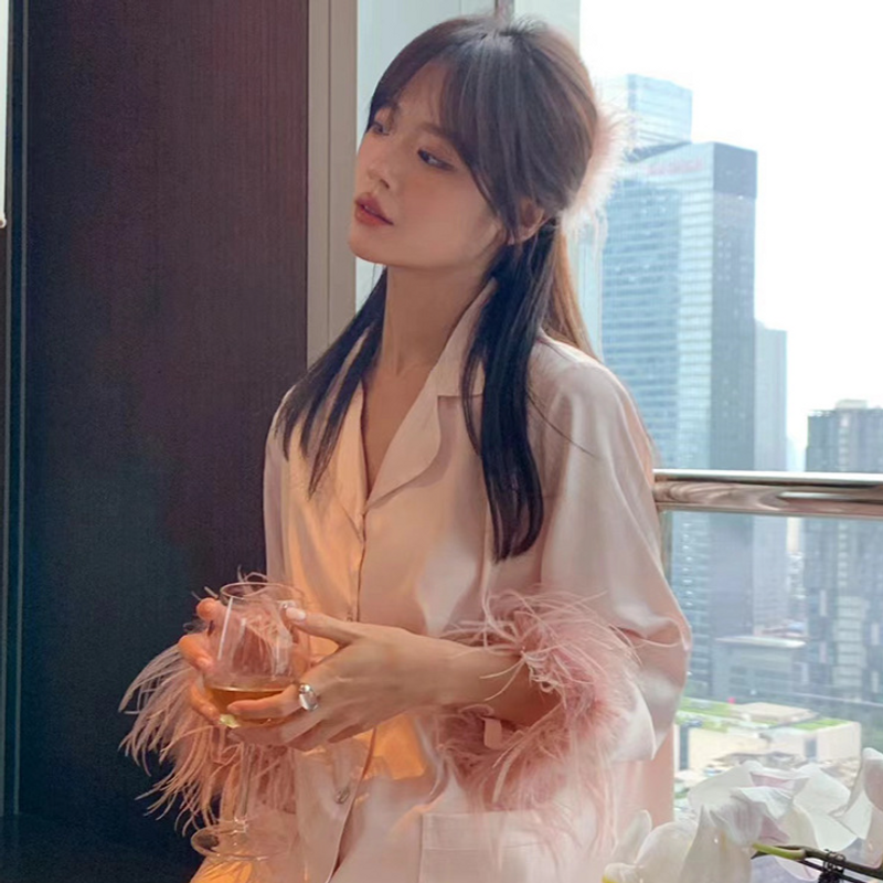 Women's Sleepwears spring and summer ice silk long sleeve large size high end solid color suit Xiaohongshu style light luxury feather home clothes