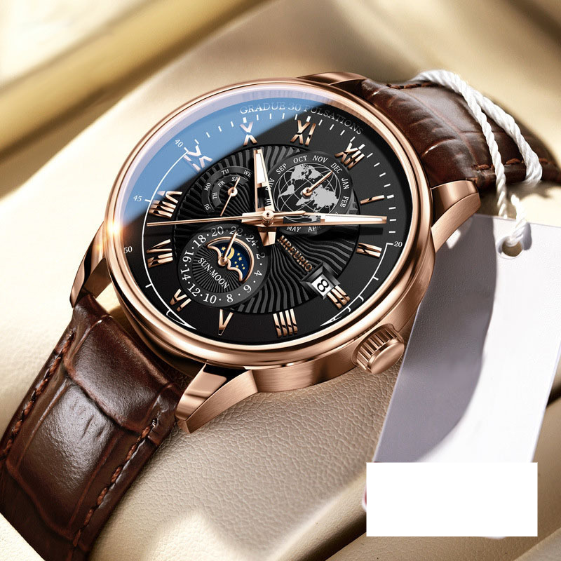 Men's Triple Calendar Watch – Moon Phase Leather Strap (Luminous & Waterproof)