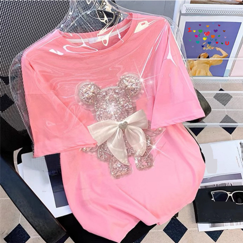 Women's Clothing goods three dimensional diamond sequin embroidery cartoon short sleeved T shirt for women summer loose fashion age reducing tops