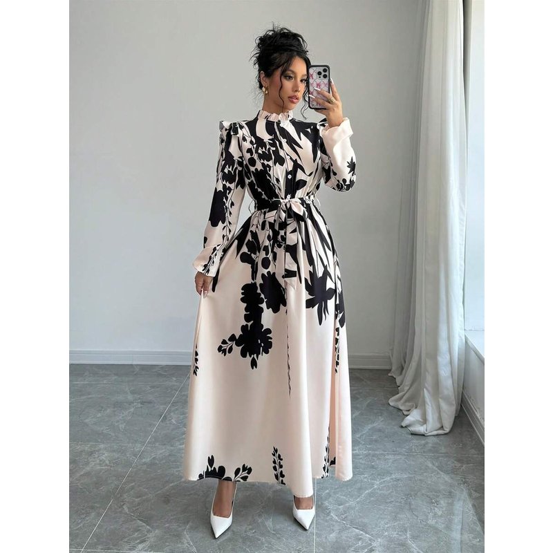 Women's New Hot Sale Fashion Slim Long Skirt Printed Waist Long Sleeve Dress