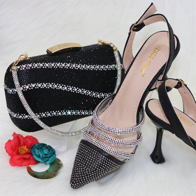 Pair Evening Sandals With Fancy Rhinestone Accessory Tote Clutch Set