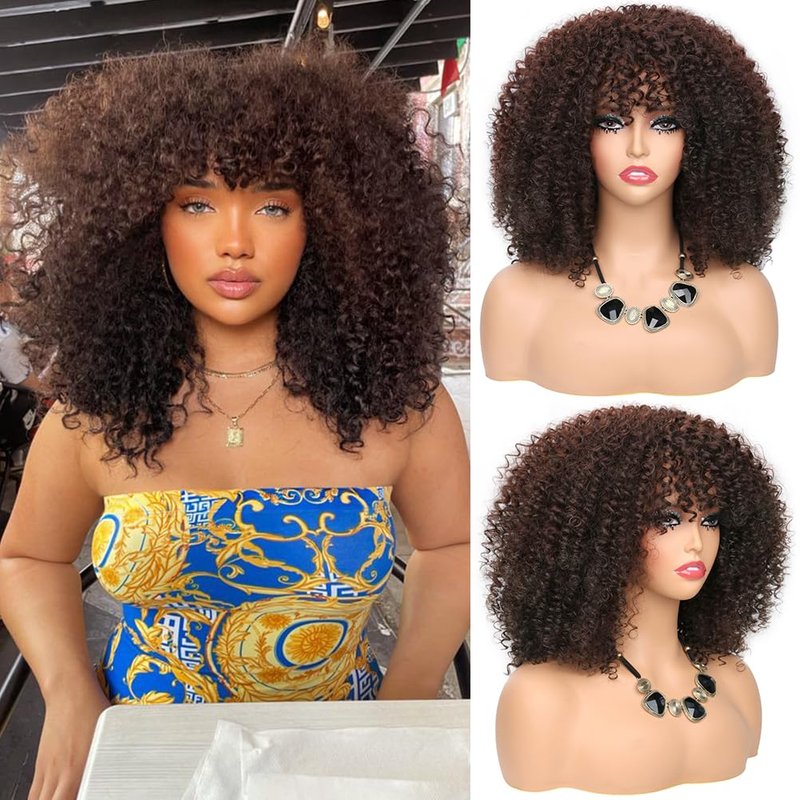 Synthetic Hairhair Short Afro with Bangs Natural 16Inch 290G Wig Kinky Curly Wigs for