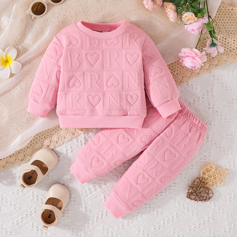 Mother & Kids European And American New Baby Round Neck Long-sleeved Top + Two Pieces Of Letter Printed Trousers 2023 Spring And Autumn Casual Suit