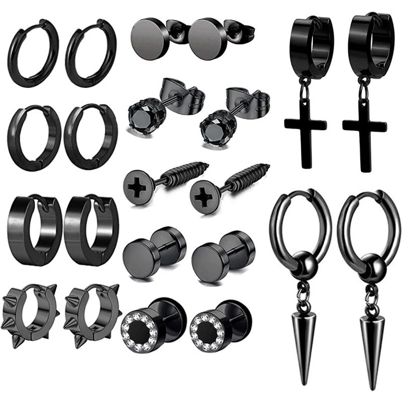 Fashion Cross Earrings Stainless Steel Earrings Earrings Dumbbell Screws Round Barbell Men's Earrings 11 Pairs