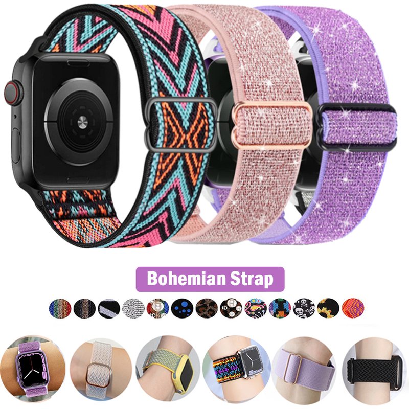 Bohemian Nylon Strap for Apple Watch ultra Series 8/7 49mm 41mm 45mm 38/42 Elastic Shiny Bracelet iWatch 6 5 4 3 Se Band 40/44mm