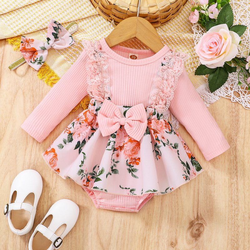Baby clothes Baby girls lace cotton pit stitching flowers full print onesie