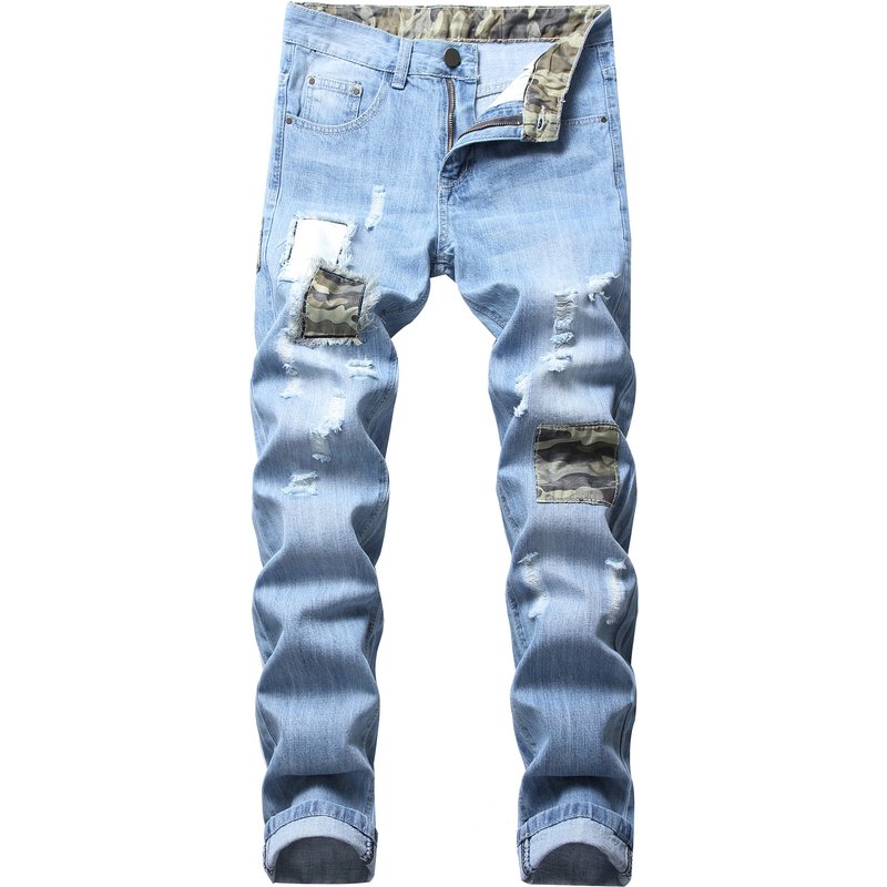 Straight Cut Hole Jeans with Floral Patches Men's Long Pants