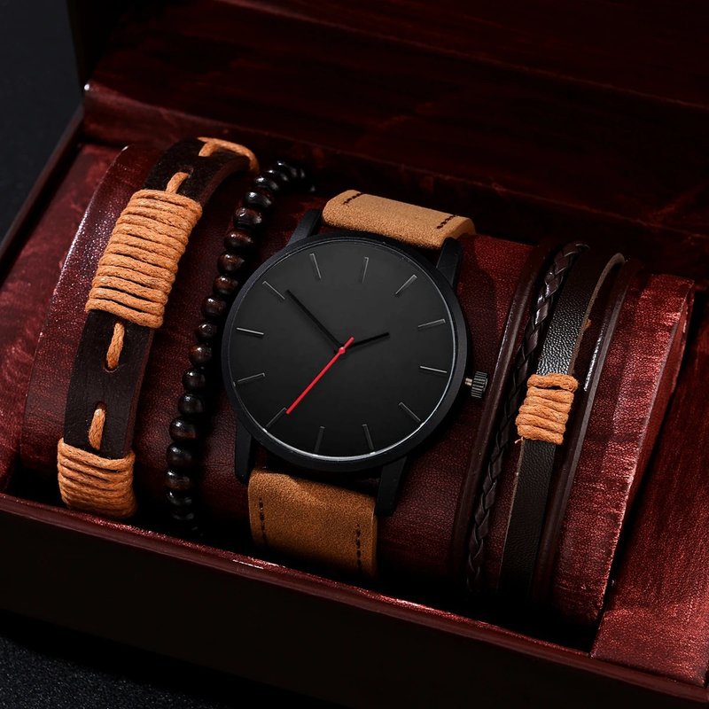 Men's Watch business quartz watch suit + beaded bracelet + lace leather bracelet