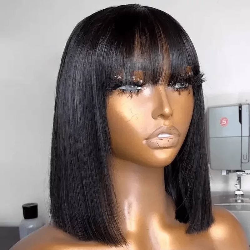 Realistic Scalp Brown Bob Lace Wigs Bangs Fringe Middle Part Brazilian Straight Human Hair Short Bob Wigs