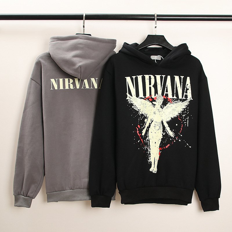 Women's High Street Rock Nirvana Angel Print Hooded Sweatshirt Kanye Dark Hip-hop Retro Men