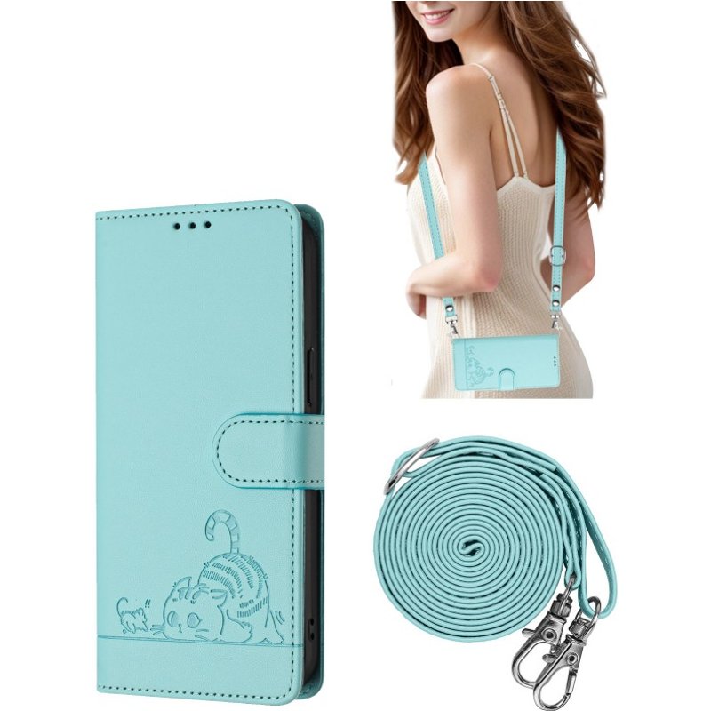 Crossbody Strap Case For Samsung Galaxy S24 Ultra S23 Plus S22 S21 S20 FE A55 Cute Cat Leather Flip Wallet Card Necklace