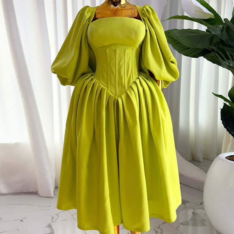 Women's Clothing Autumn New Sweet And Fresh Square Neck Waist Tie Lantern Sleeve A Line Dress Long Skirt