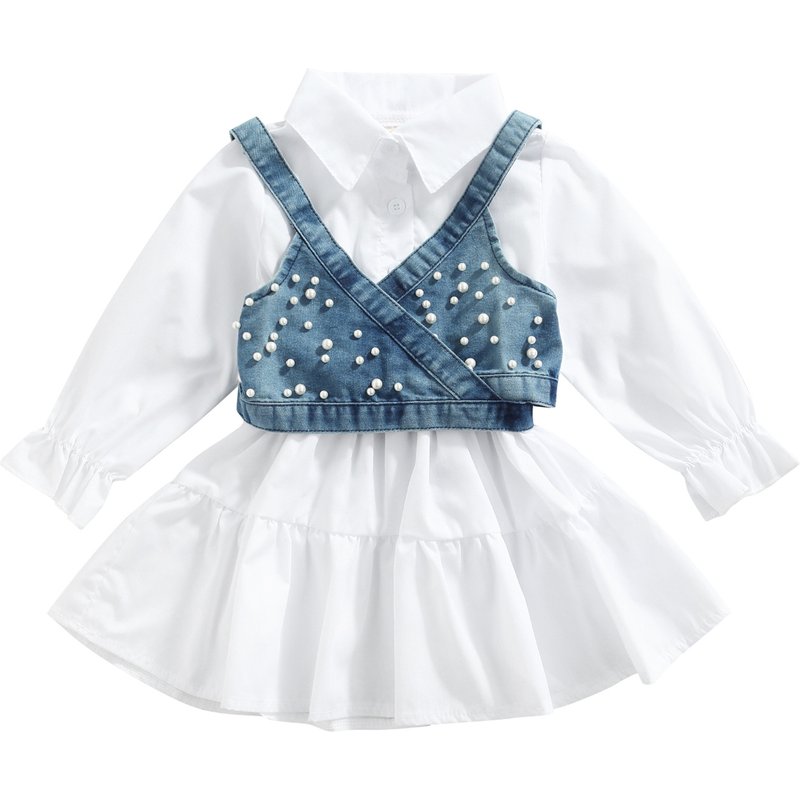 Mother&Kids Girl girl solid color short sleeve spliced petticoat lace up beaded denim halter small vest