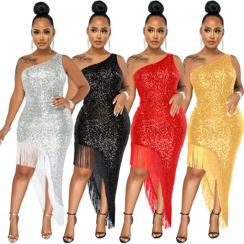 Women's Fashion One-shoulder Irregular Sequined Sequin Tassel Dress For Women