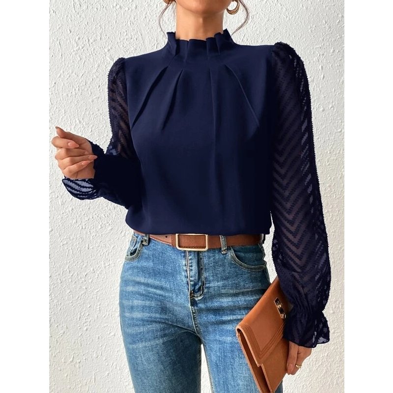 Women's Clothing Autumn And Winter New Half-high Collar Stitching Wavy Chiffon Long-sleeved Tops For Women