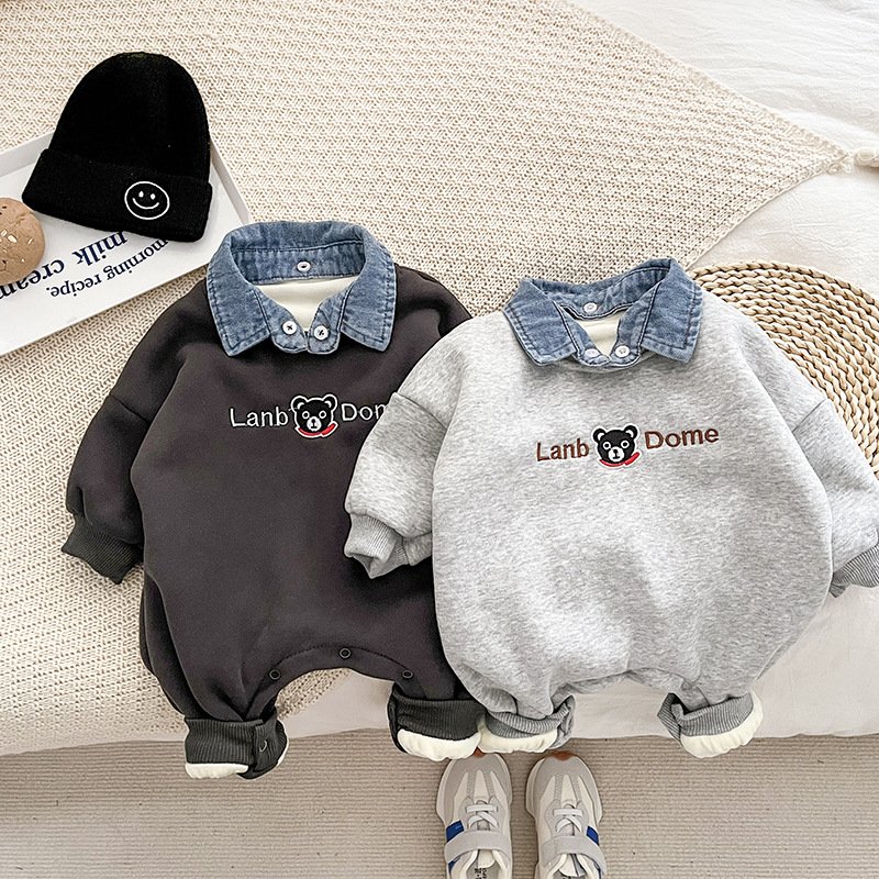 Baby clothes Baby clothes Winter boys and girls baby cartoon cowboy collar thick crawl suit newborn onesie autumn and winter clothing