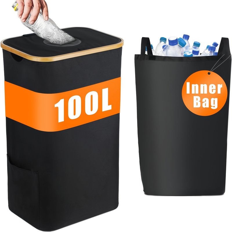 Bamboo Recycling Bin With Removable Lid – Foldable Kitchen Waste Basket For Bottles, Cans & Eco-Friendly Home Storage