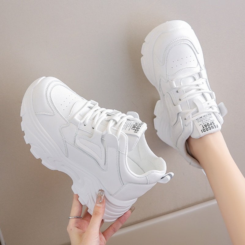 White Platform Women's Sneakers 2023 Autumn Lace-Up Thick Bottom Sports Woman Pu Leather Breathable Walking Shoes Female
