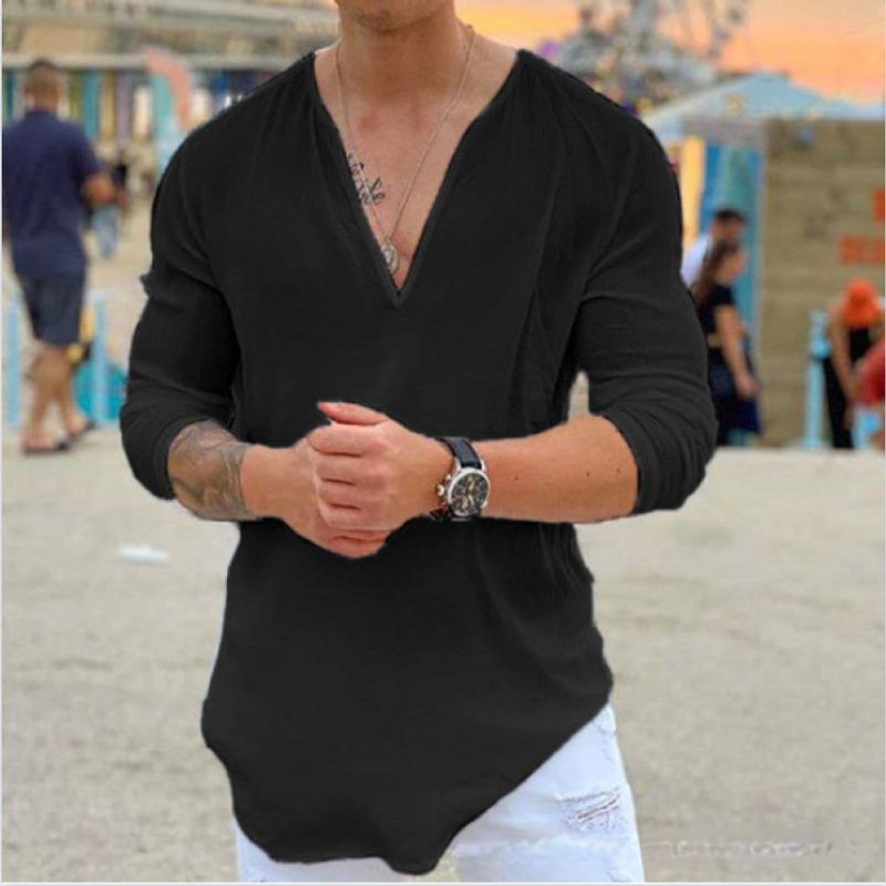 Men's Clothing Shirt V-neck Casual Solid Color T-shirt Cotton Linen Shirt Long-sleeved
