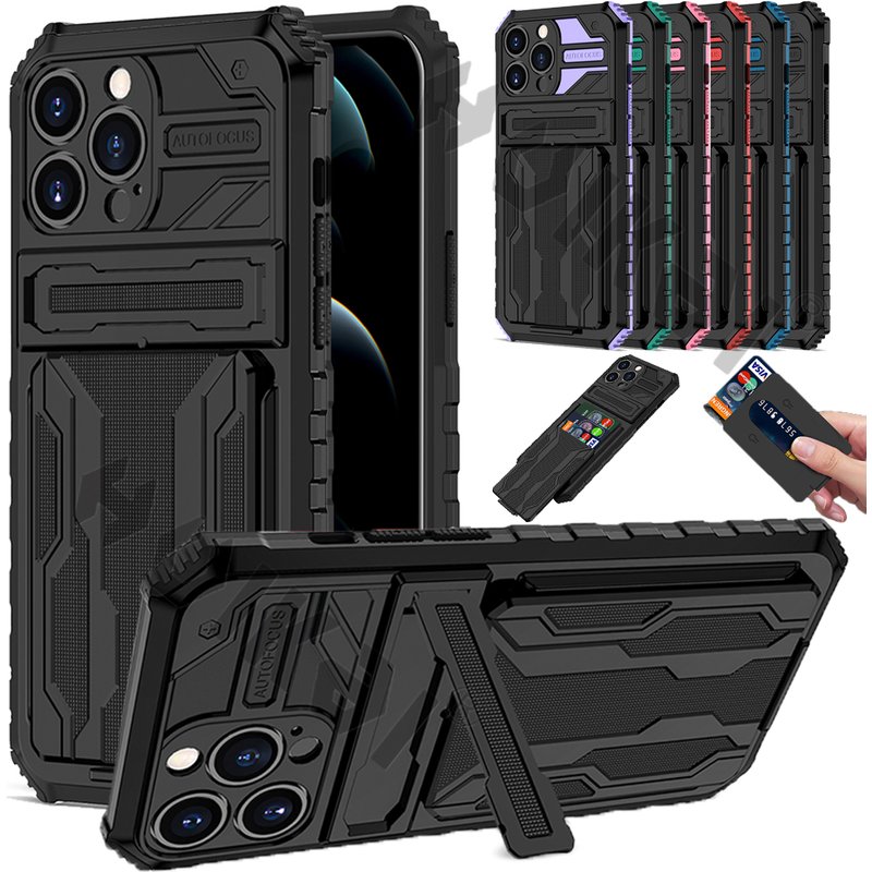 ShockProof Armor Case For iPhone 14 13 12 11 Pro Max XS Max XR 8 7 Plus Anti Shock KickStand Bracket Card Slot Case