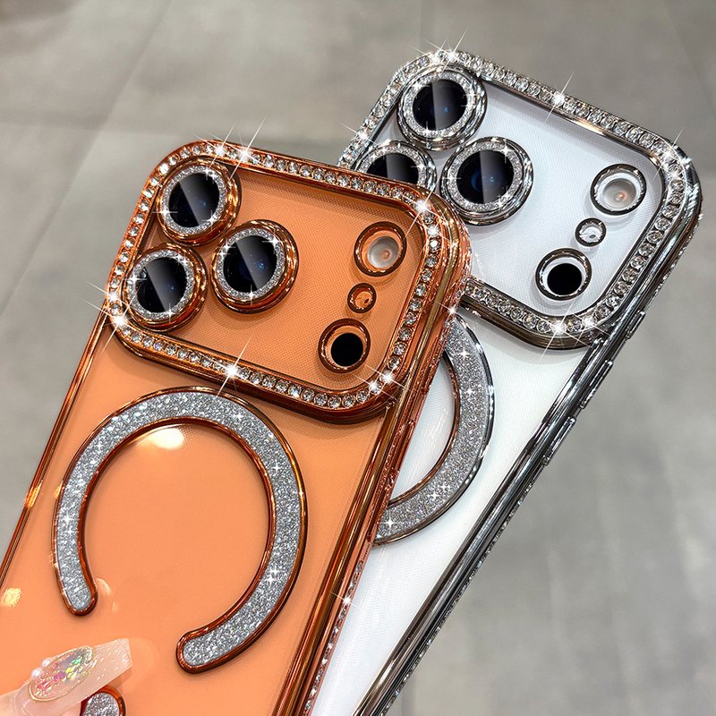 NEW Orange Luxury Sparkle Diamond Transparent Magnetic Case For IPhone 17 16 15 14 13 ProMax 17Air Full Lens Coverage Soft Cover