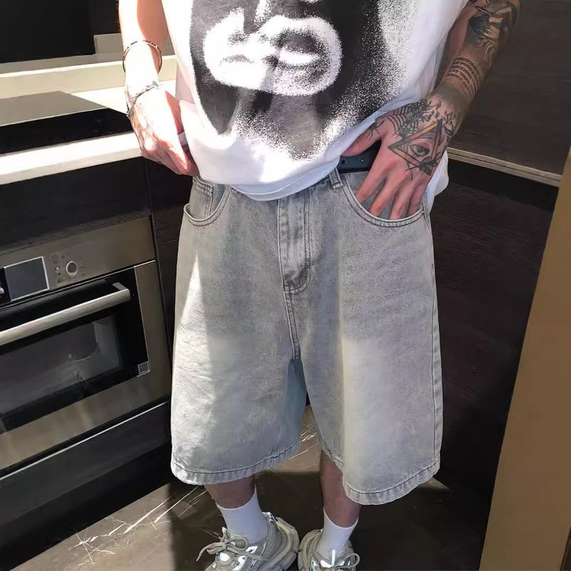 Men's Clothing Niche Old Washed High End Denim Shorts Men's Summer Slim Straight Shorts Retro Mid Length Pants