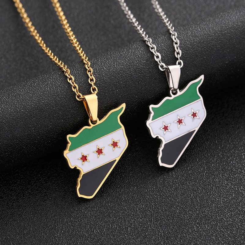 Stainless Steel Syrian Free Army Map And Flag Necklace For Men And Women Couple Sweater Chain Baccessories