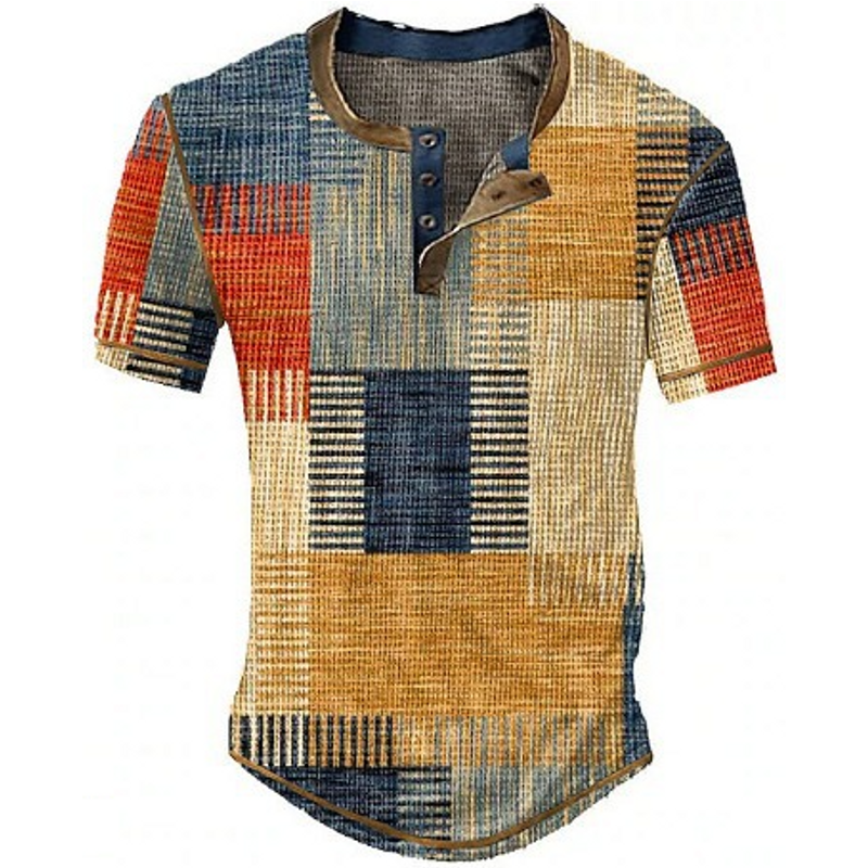 Men's clothing T-shirt Casual digital print loose short sleeve button Polo shirt Henry collar T-shirt