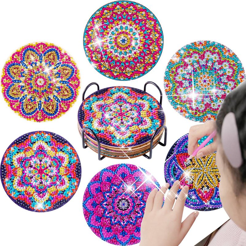 6pc/sets Diamond Painting Coasters with Holder Decorative Pattern Diamond Art Coasters DIY Diamond Handicrafts Home decoration Gift