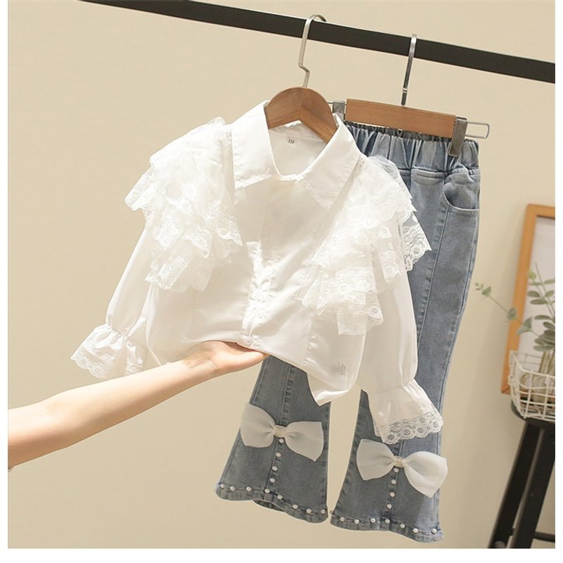 Kid's Clothing 2024 autumn new girls lace baby collar shirt plus bow jeans suit