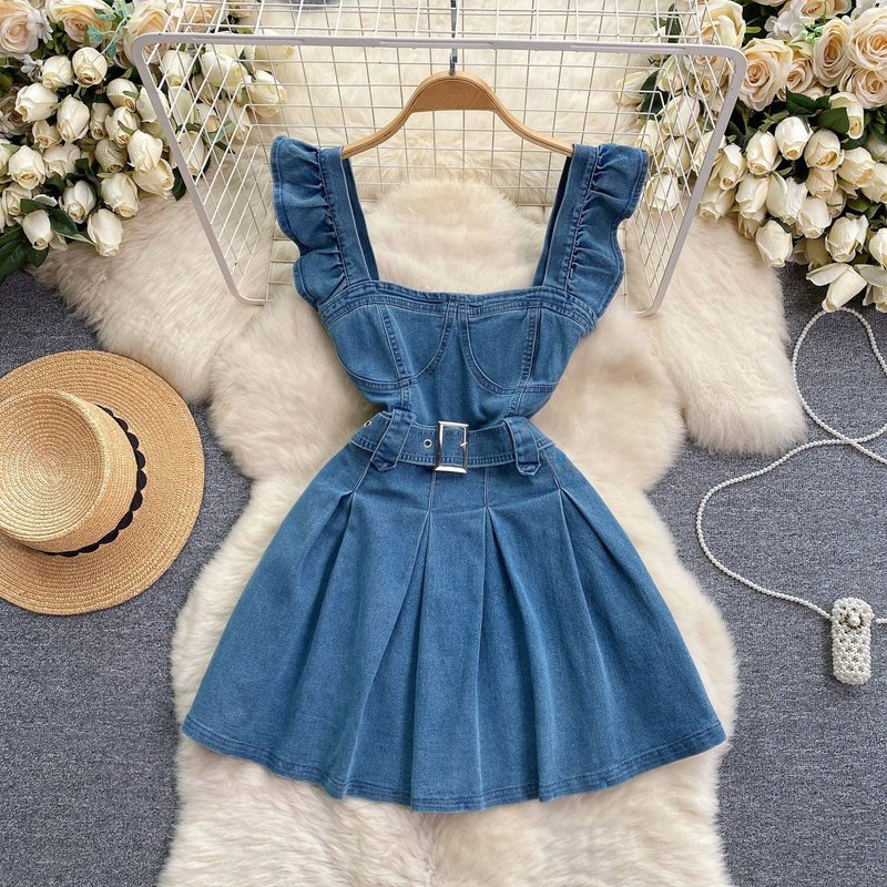 Women's Clothing Women's Age-reducing College-style Sweet Flying Sleeve Strap Dress Women's Retro Denim A- Line Short Dress Trendy