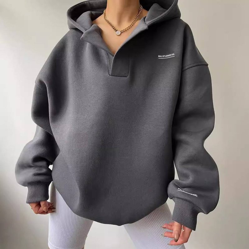 2024 European New Fleece Hooded Sweatshirt Letter Printed Long Sleeve Basic Sweater V-Neck Fleece Shirt Hoodies