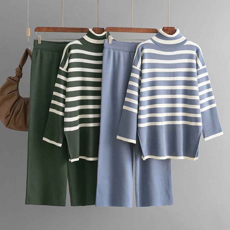 Women's Clothing striped turtleneck sweater for women autumn and winter new loose design sweater pullover top two piece set