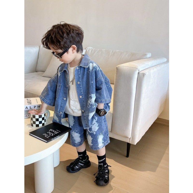 Mother & Kids Boys Paint Splashed Denim Suit Summer New Short Sleeved Shorts Small Children's Korean Style Jacket And Pants