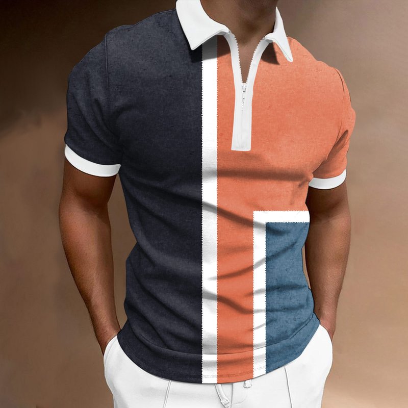 Men's Lapel Tie Zipper Short-Sleeved Polo Shirt Large Size Men's Tops 3D Digital Printing Short-Sleeved Shirt