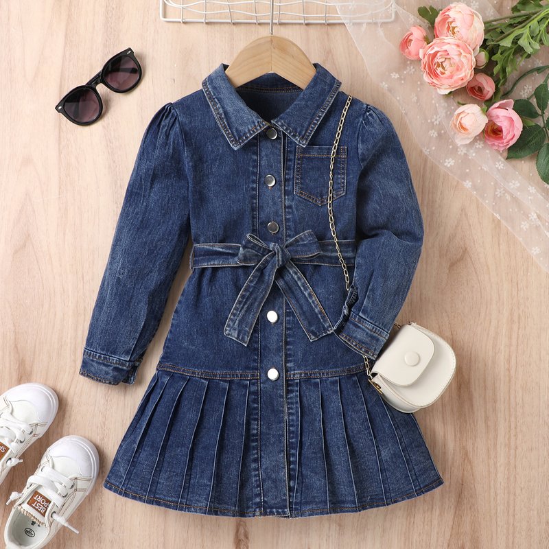 Girls' Denim Two-Piece Set - Long Sleeve Pleated Shirt & Bow Belt Cardigan Skirt, Cute Casual Outfit For Toddlers​