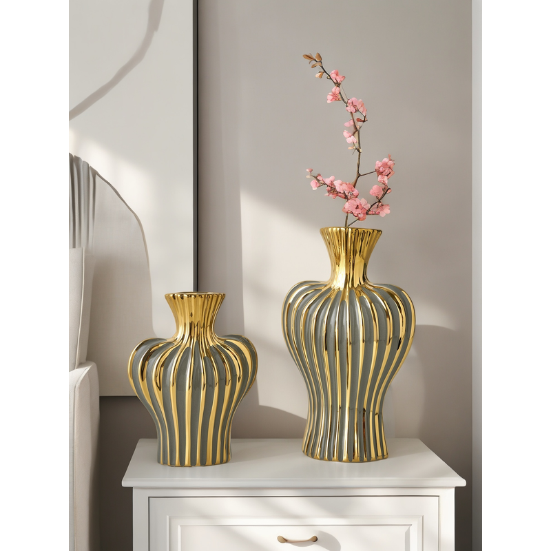 1PC High-end Design Striped Color-matched Necked Ceramic Vase Is Suitable For High-end Style Scene Ornaments, Flowers Out Of Ah Vase