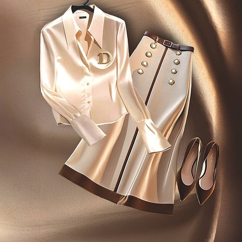 Luxury Women's Light Beige & Cream Elegant Fashion Set - Embroidered Blouse With Metallic Buttons + A-Line Midi Skirt